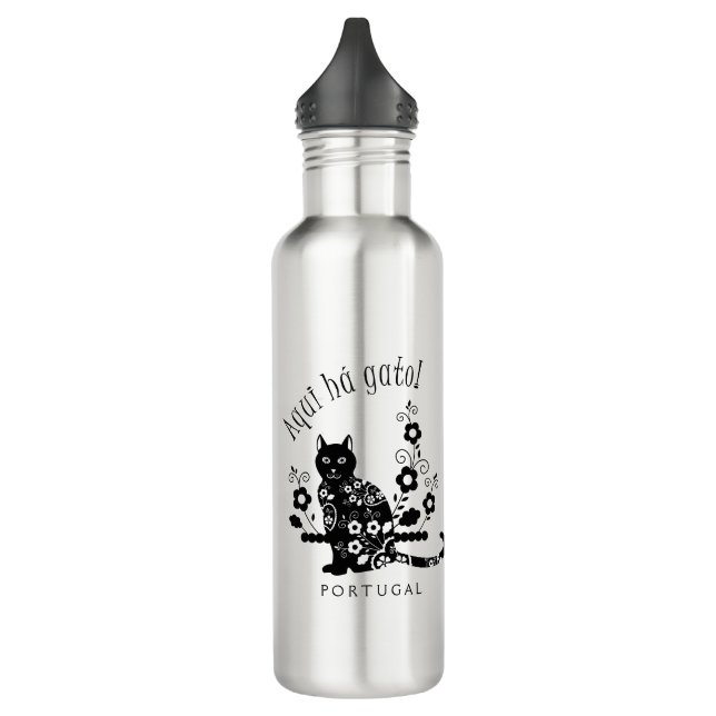 Black cat with flowers and Portuguese expression 710 Ml Water Bottle (Left)