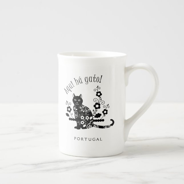 Black cat with flowers and Portuguese expression Bone China Mug (Right)