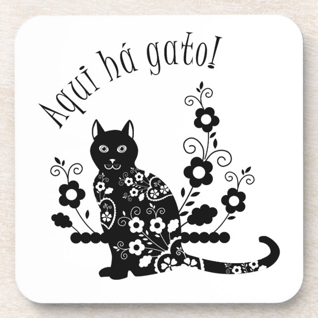 Black cat with flowers and Portuguese expression Coaster (Front)