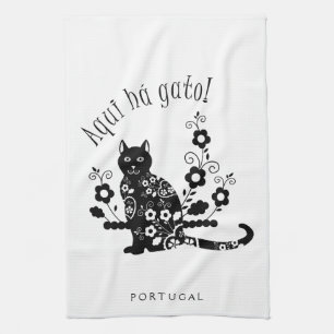 Black cat with flowers and Portuguese expression Kitchen Towel