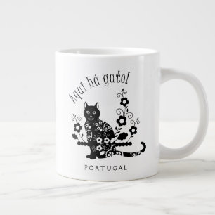 Black cat with flowers and Portuguese expression Large Coffee Mug