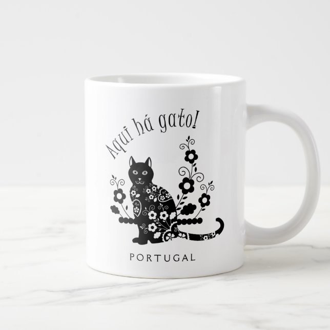 Black cat with flowers and Portuguese expression Large Coffee Mug (Right)