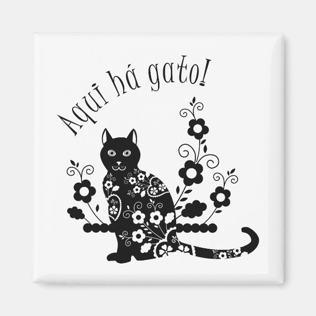 Black cat with flowers and Portuguese expression Magnet (Front)