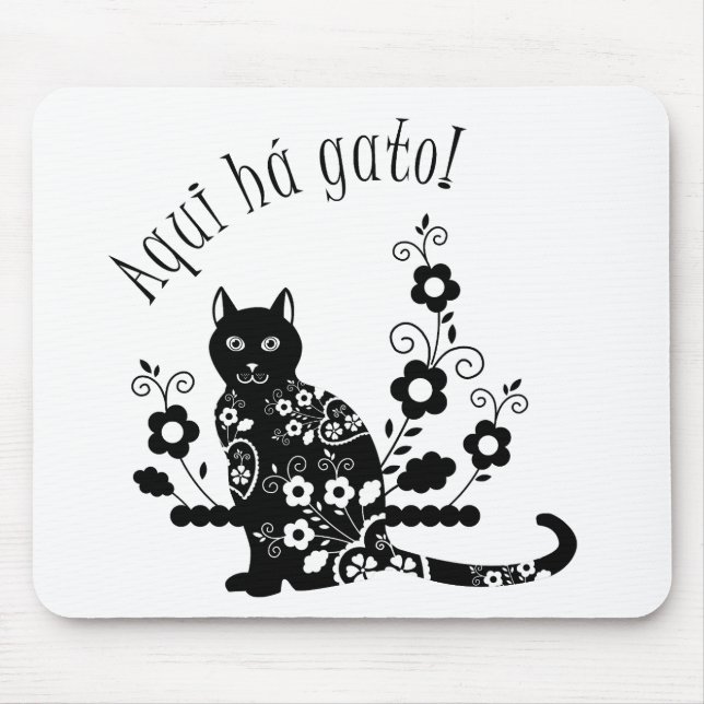 Black cat with flowers and Portuguese expression Mouse Pad (Front)