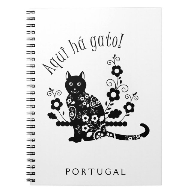 Black cat with flowers and Portuguese expression Notebook (Front)