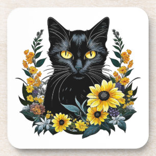 black cat with flowers coaster
