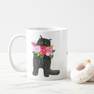 Black Cat with Flowers Custom Name personalized