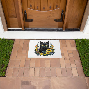 black cat with flowers doormat
