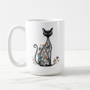 Black Cat with Flowers Filigree style Coffee Mug