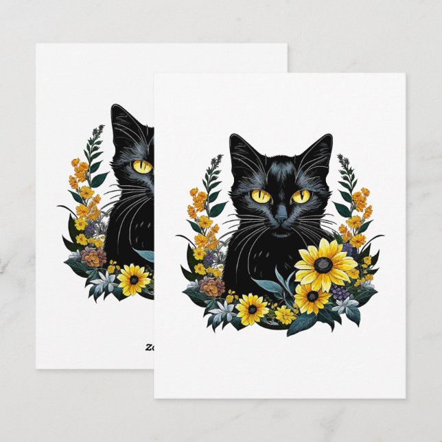 black cat with flowers holiday card (Front/Back)