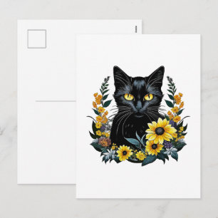 black cat with flowers holiday postcard