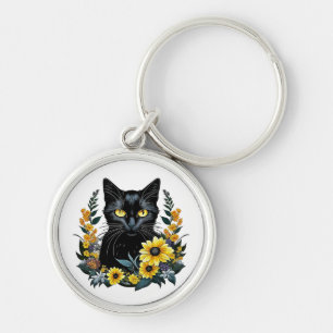 black cat with flowers keychain