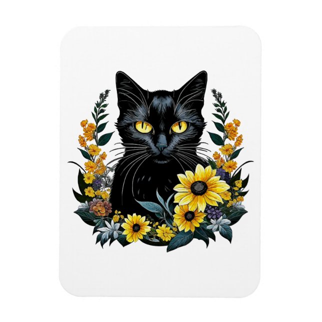 black cat with flowers magnet (Vertical)