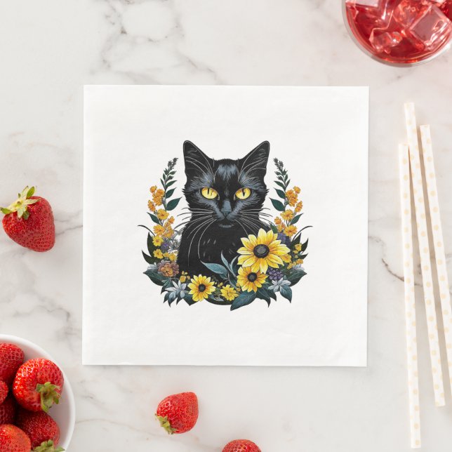 black cat with flowers napkin (Insitu)