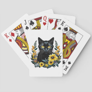 black cat with flowers playing cards