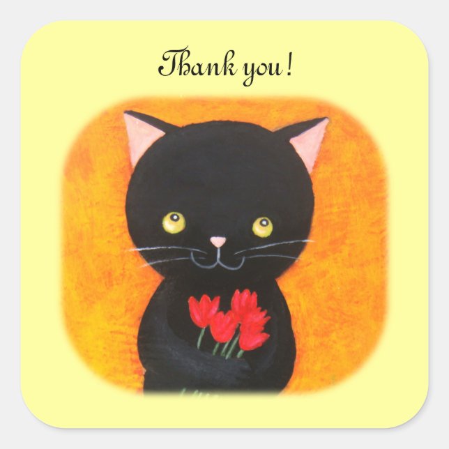 Black Cat with Flowers Thank You Favor Stickers (Front)