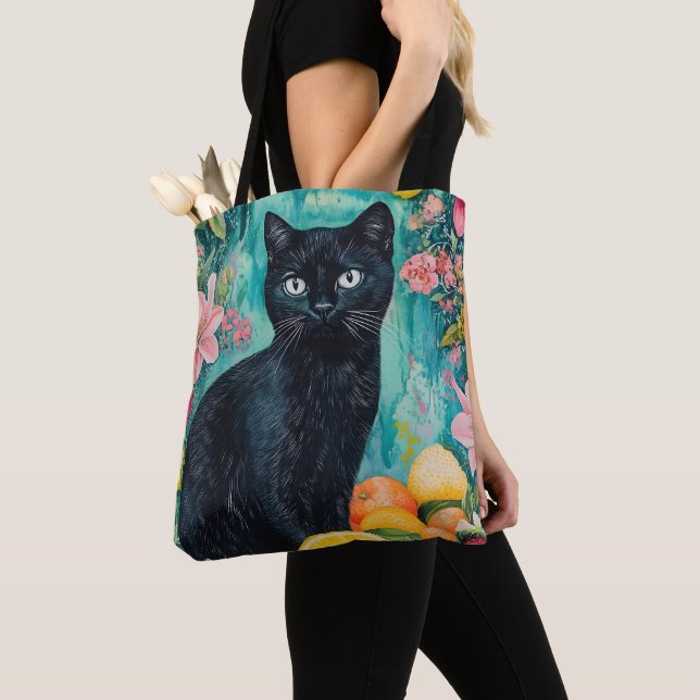 Black Cat with Fruit Tote Bag (Close Up)