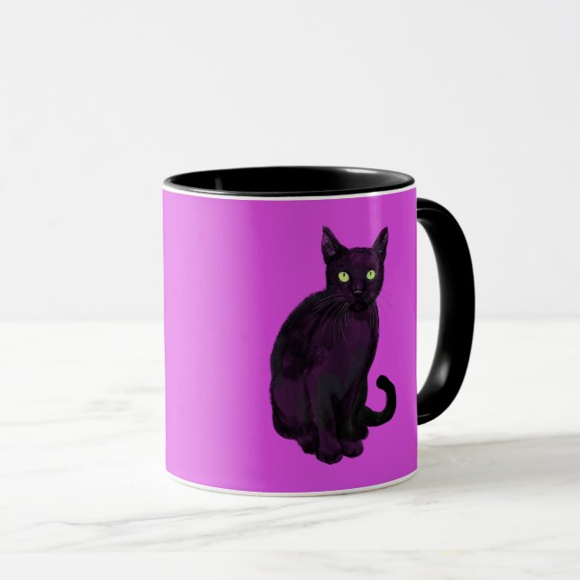 Black cat with fuchsia background  mug (Front Right)