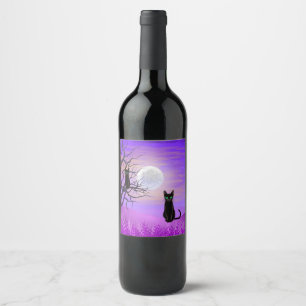 Black Cat with Full Moon and Purple Night Sky Wine Label