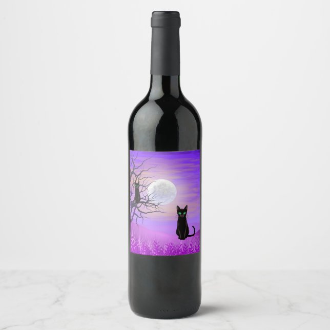 Black Cat with Full Moon and Purple Night Sky Wine Label (Front)