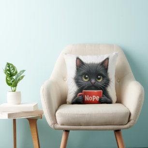 Black Cat With Fun Coffee Mug Throw Pillow