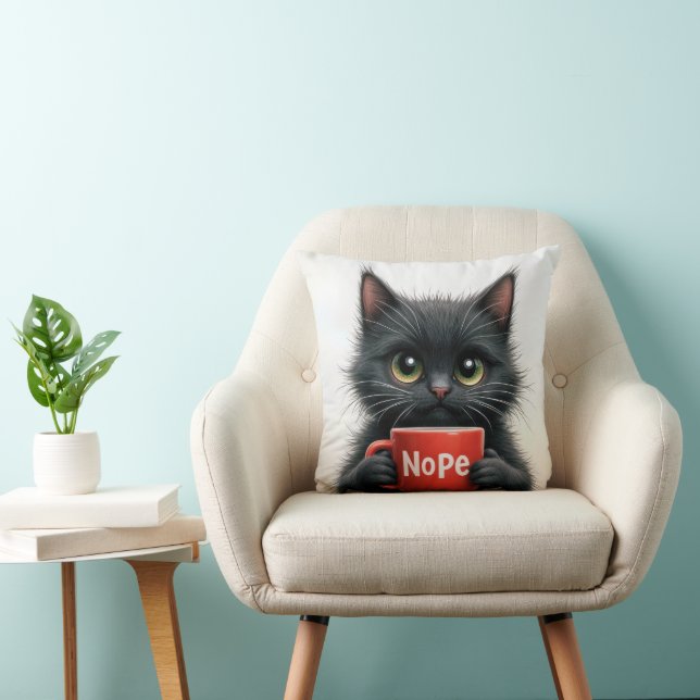 Black Cat With Fun Coffee Mug Throw Pillow (Chair)