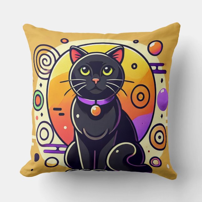 Black Cat With Geometric Patterns Throw Pillow (Front)