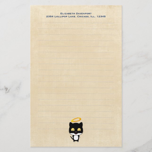 Black Cat With Golden Halo Cute Angel Personalized Stationery (Front)