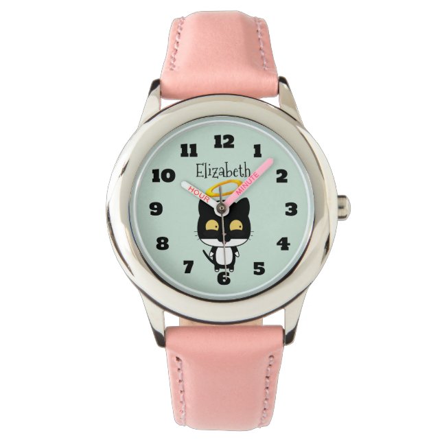 Black Cat With Golden Halo Cute Angel Personalized Watch (Front)