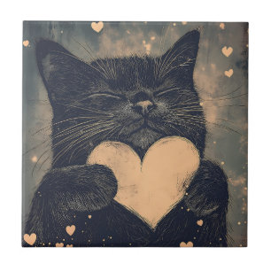 Black Cat with Golden Heart - Cat's Cozy Love Tile