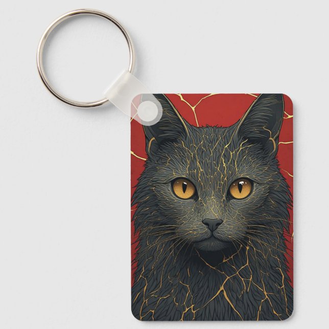 Black Cat With Golden Kintsugi Cracks Accent ✨ Keychain (Front)