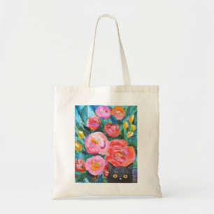 Black Cat with Gorgeous Flowers unique Cat Art Tote Bag