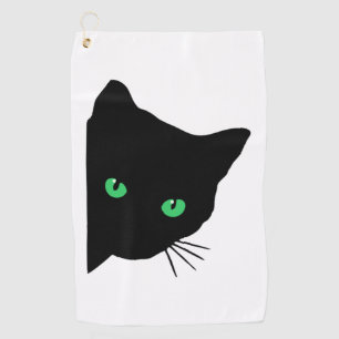 black cat with green eyes   golf towel