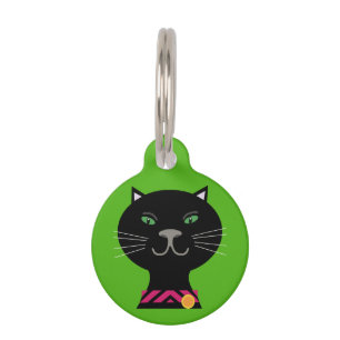 Black cat with green eyes on green background pet tag