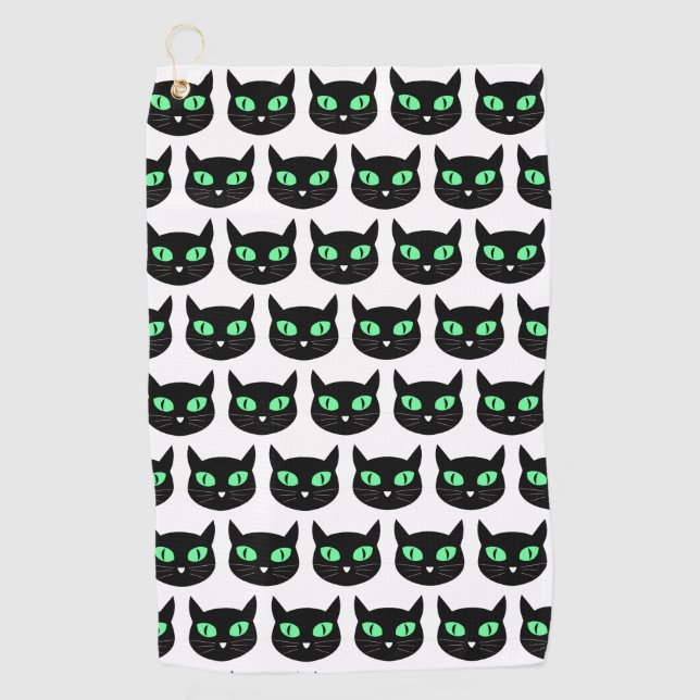Black cat with green eyes pattern  golf towel (Front)