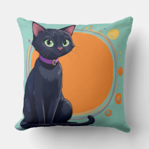 Black Cat With Green Eyes Throw Pillow