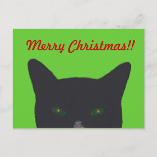 Black cat with green, red  "Merry Christmas" Holiday Postcard