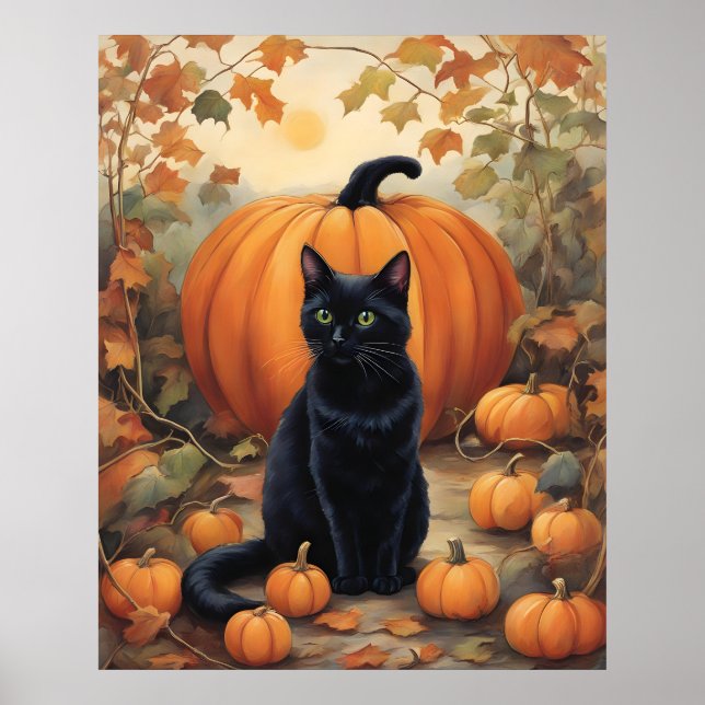 Black Cat with Halloween Pumpkin Poster (Front)