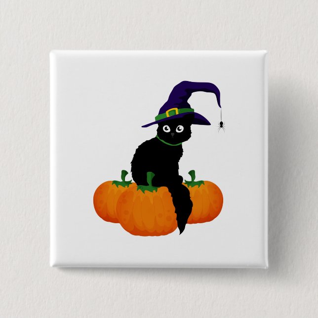 Black Cat With Hat And Pumpkins  for Halloween 2 Inch Square Button (Front)