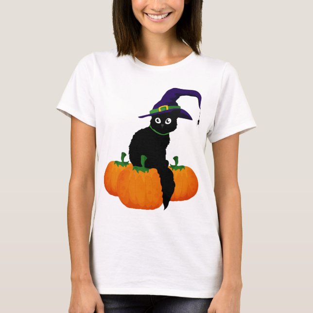 Black Cat With Hat And Pumpkins  for Halloween T-Shirt (Front)