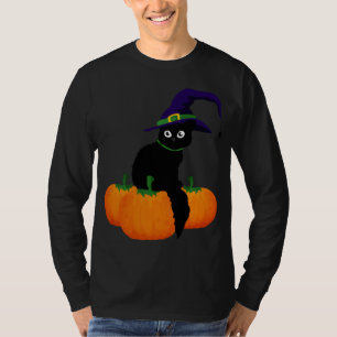 Black Cat With Hat And Pumpkins for Halloween T-Shirt