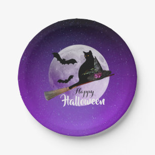 Black cat with hat flying on witch broom Halloween Paper Plate