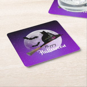 Black cat with hat flying on witch broom Halloween Square Paper Coaster