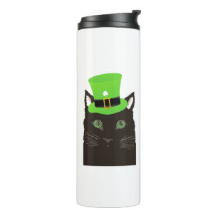 Black Cat with Hat, Shamrock, Kiss Me I'm Irish Thermal Tumbler
