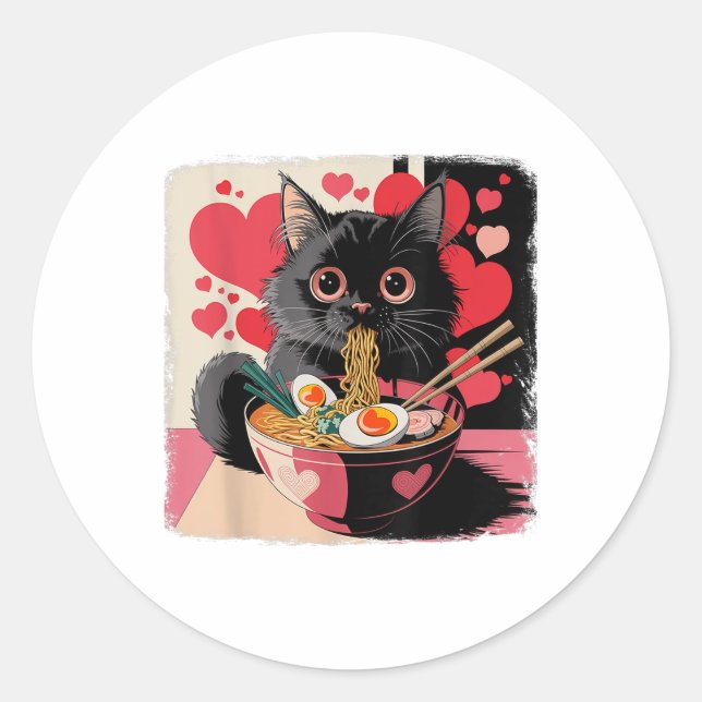 Black Cat With Heart Eating Ramen Noodles On Valen Classic Round Sticker (Front)