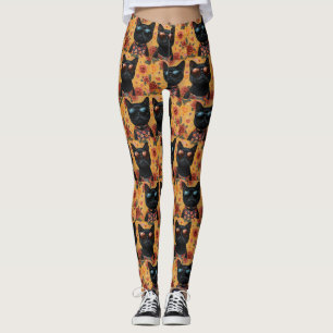 Black Cat With Heart Roses Valentine's Day  Leggings