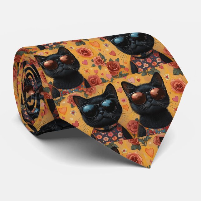 Black Cat With Heart Roses Valentine's Day  Tie (Rolled)