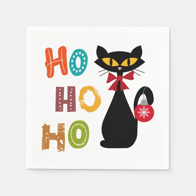 Black cat with Ho Ho Ho text design Napkin (Front)