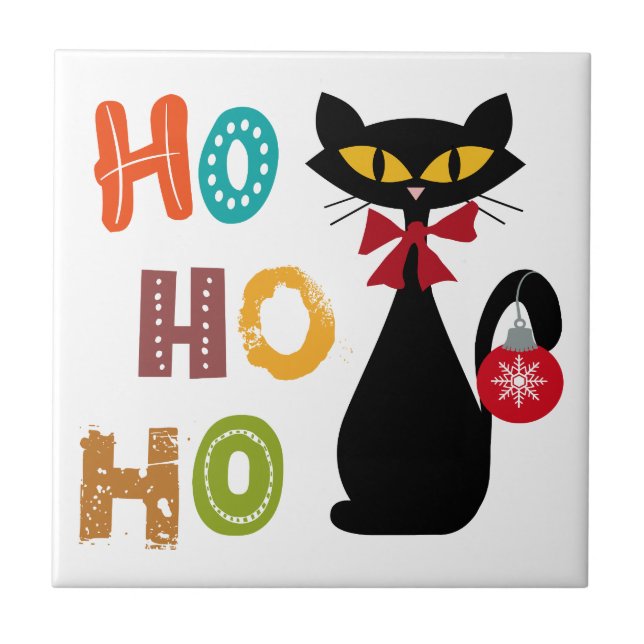 Black cat with Ho Ho Ho text design Tile (Front)
