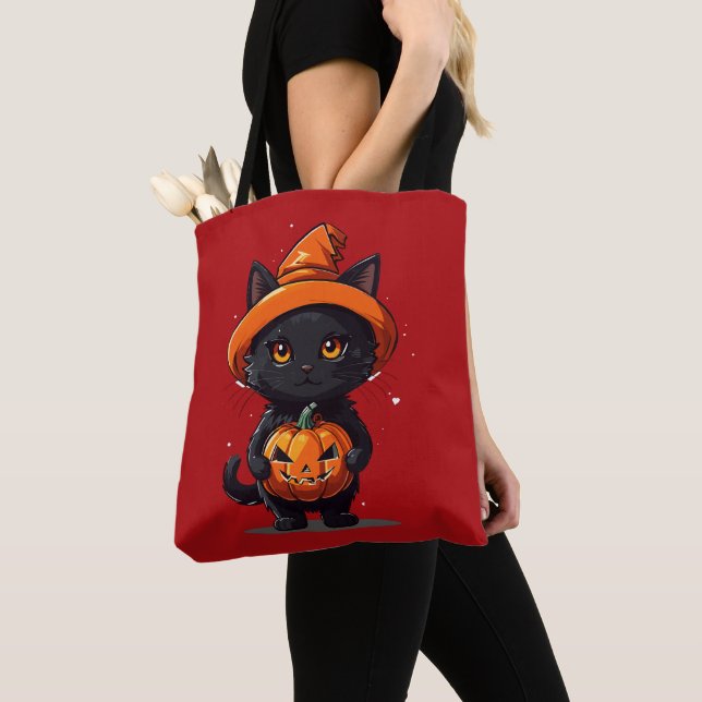 Black Cat with Jack-O' Lantern Halloween Tote Bag (Close Up)